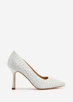 Linzi Dreaming Ivory Satin Hot Fix Pearl Court Heels