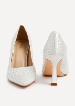 Linzi Dreaming Ivory Satin Hot Fix Pearl Court Heels