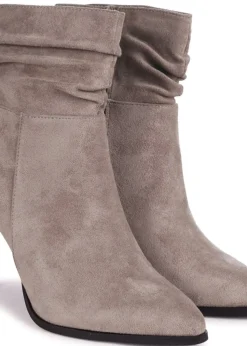 Linzi Eclipse Mocha Suede Ruched Pointed Stiletto Boot Heel