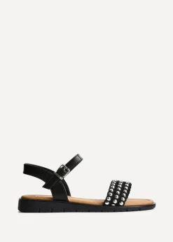 Linzi Electra Black Faux Leather Studded Flat Sandals