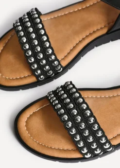 Linzi Electra Black Faux Leather Studded Flat Sandals