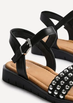 Linzi Electra Black Faux Leather Studded Flat Sandals