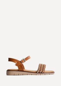 Linzi Electra Tan Faux Leather Studded Flat Sandals