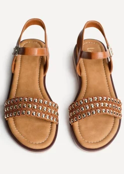 Linzi Electra Tan Faux Leather Studded Flat Sandals