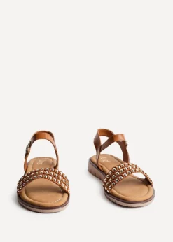 Linzi Electra Tan Faux Leather Studded Flat Sandals