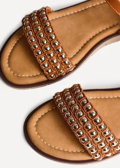 Linzi Electra Tan Faux Leather Studded Flat Sandals