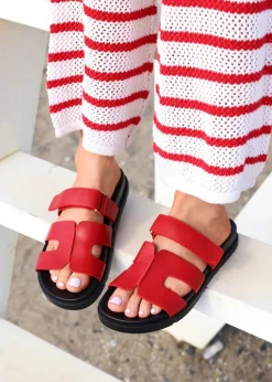 Linzi Emmy Red Faux Leather Footbed Linked Design Sandal