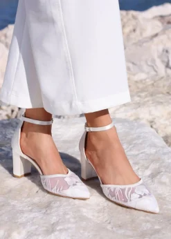 Linzi Essence Ivory Satin Floral Lace Block Court Heel