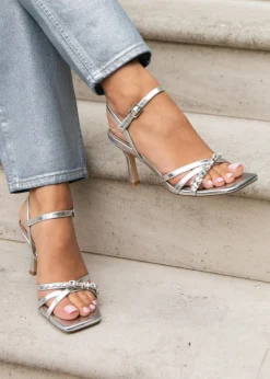 Linzi Eva Silver Faux Leather Diamante Embellished Heels