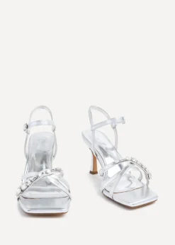 Linzi Eva Silver Faux Leather Diamante Embellished Heels