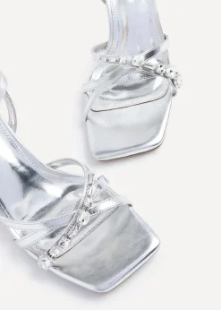 Linzi Eva Silver Faux Leather Diamante Embellished Heels