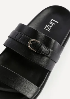 Linzi Ezra Black Faux Leather Flat Slider Sandals