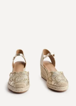 Linzi Florentina Gold Floral Embroidered Espadrille Platform Wedge