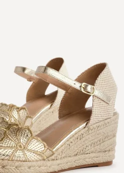 Linzi Florentina Gold Floral Embroidered Espadrille Platform Wedge