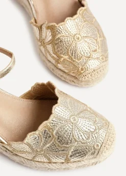 Linzi Florentina Gold Floral Embroidered Espadrille Platform Wedge