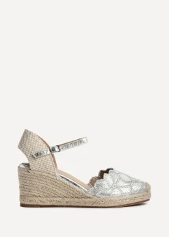 Linzi Florentina Silver Floral Embroidered Espadrille Platform Wedge