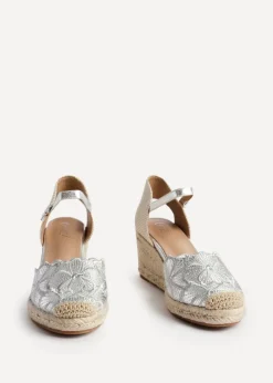 Linzi Florentina Silver Floral Embroidered Espadrille Platform Wedge