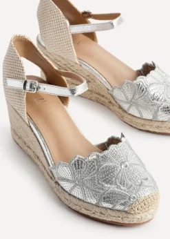 Linzi Florentina Silver Floral Embroidered Espadrille Platform Wedge