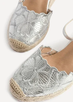 Linzi Florentina Silver Floral Embroidered Espadrille Platform Wedge