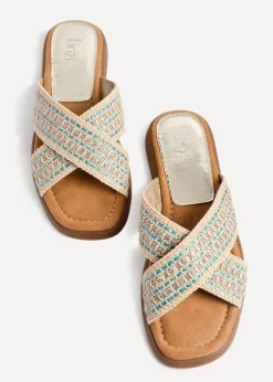 Linzi Genie Blue Embellished Raffia Flat Slider Sandal