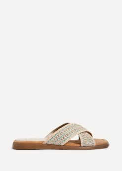 Linzi Genie Blue Embellished Raffia Flat Slider Sandal