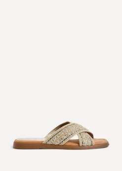Linzi Genie Gold Embellished Raffia Flat Slider Sandal
