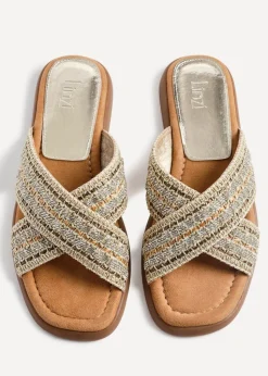 Linzi Genie Gold Embellished Raffia Flat Slider Sandal