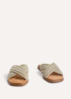 Linzi Genie Gold Embellished Raffia Flat Slider Sandal