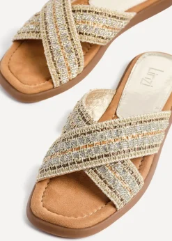 Linzi Genie Gold Embellished Raffia Flat Slider Sandal