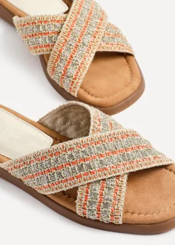 Linzi Genie Orange Embellished Raffia Flat Slider Sandal