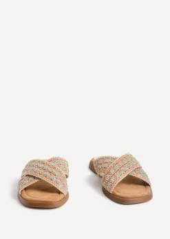 Linzi Genie Orange Embellished Raffia Flat Slider Sandal