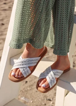 Linzi Genie White Embellished Raffia Flat Slider Sandal