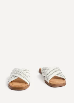 Linzi Genie White Embellished Raffia Flat Slider Sandal