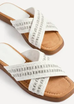 Linzi Genie White Embellished Raffia Flat Slider Sandal