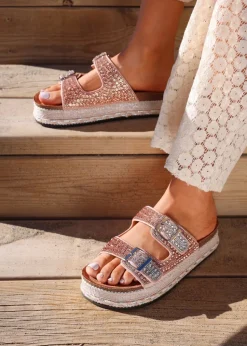 Linzi Glitzy Pink Diamante Double Buckle Flatform Slider Sandal