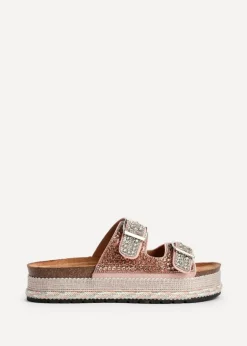 Linzi Glitzy Pink Diamante Double Buckle Flatform Slider Sandal