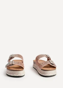 Linzi Glitzy Pink Diamante Double Buckle Flatform Slider Sandal