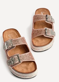 Linzi Glitzy Pink Diamante Double Buckle Flatform Slider Sandal