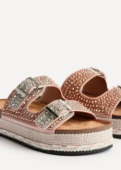 Linzi Glitzy Pink Diamante Double Buckle Flatform Slider Sandal
