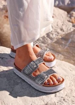 Linzi Glitzy Silver Diamante Double Buckle Flatform Slider Sandal