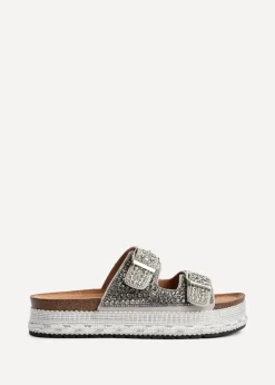 Linzi Glitzy Silver Diamante Double Buckle Flatform Slider Sandal