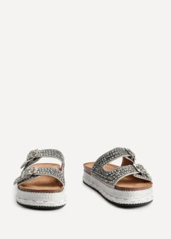 Linzi Glitzy Silver Diamante Double Buckle Flatform Slider Sandal