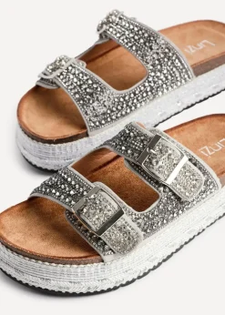 Linzi Glitzy Silver Diamante Double Buckle Flatform Slider Sandal