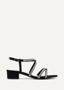 Linzi Glow Black Faux Suede Crossover Diamante Straps Low Block Heeled Sandal