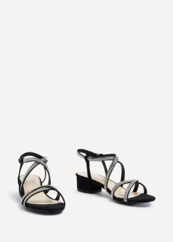 Linzi Glow Black Faux Suede Crossover Diamante Straps Low Block Heeled Sandal