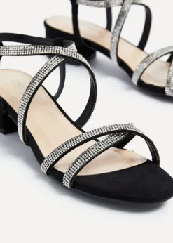 Linzi Glow Black Faux Suede Crossover Diamante Straps Low Block Heeled Sandal