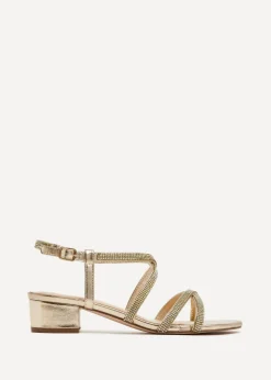 Linzi Glow Gold Faux Leather Crossover Diamante Straps Low Block Heeled Sandal