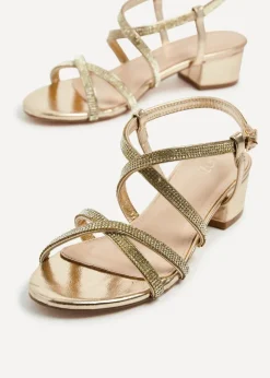 Linzi Glow Gold Faux Leather Crossover Diamante Straps Low Block Heeled Sandal