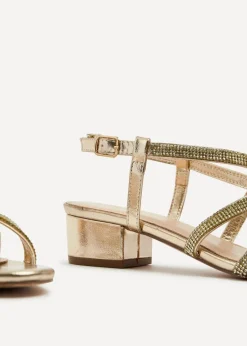 Linzi Glow Gold Faux Leather Crossover Diamante Straps Low Block Heeled Sandal