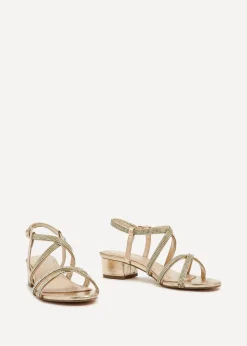 Linzi Glow Gold Faux Leather Crossover Diamante Straps Low Block Heeled Sandal